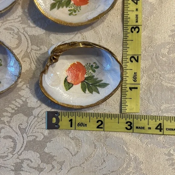 6 Clam Shell Ring Earrings trinket holder with pink flower and painted gold trim
